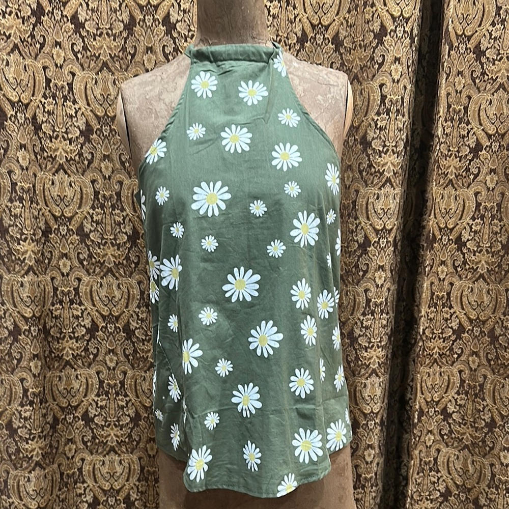 Green Relaxed Halter Tank Top with Floral Pattern
